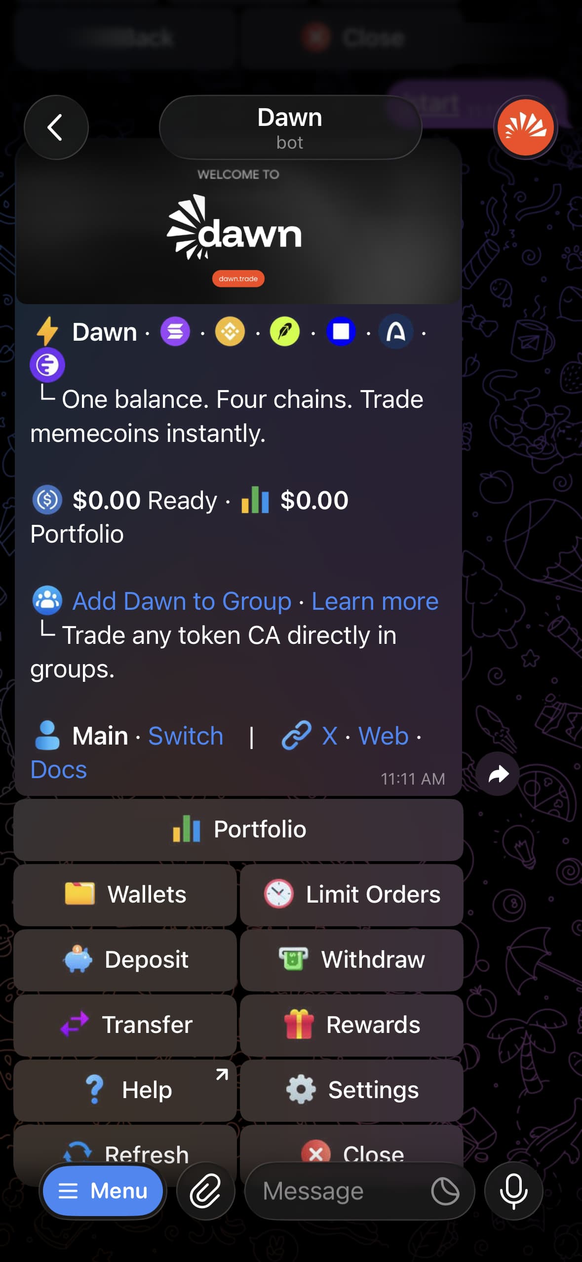 Dawn Telegram bot home screen: a welcome card with supported chain icons, the USDC balance and portfolio value, and buttons for Portfolio, Wallets, Limit Orders, Deposit, Withdraw, Transfer, Rewards, Help and Settings