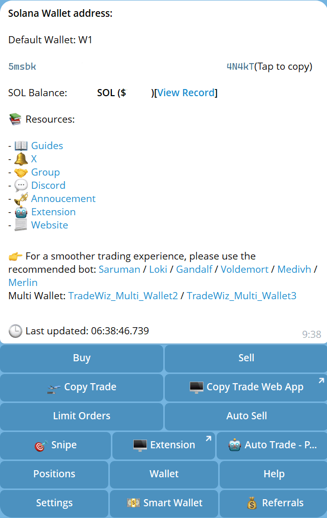 TradeWiz Solana bot main menu in Telegram, showing the wallet balance and a grid of buttons: Buy, Sell, Copy Trade, Limit Orders, Auto Sell, Snipe, Positions, Wallet and more